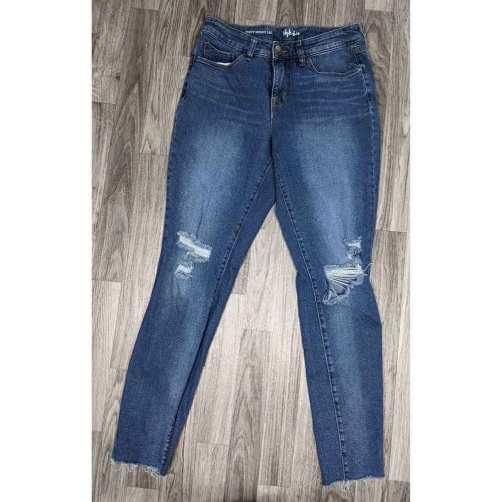Style & Co Size 4 Curvy Skinny Leg Fringe Hem Distressed Denim Blue Jeans